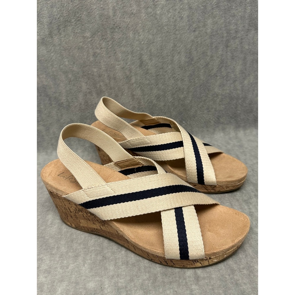 Life Stride Dream Big Wedge Sandals Cream Navy Blue Striped Cork Platform  11W